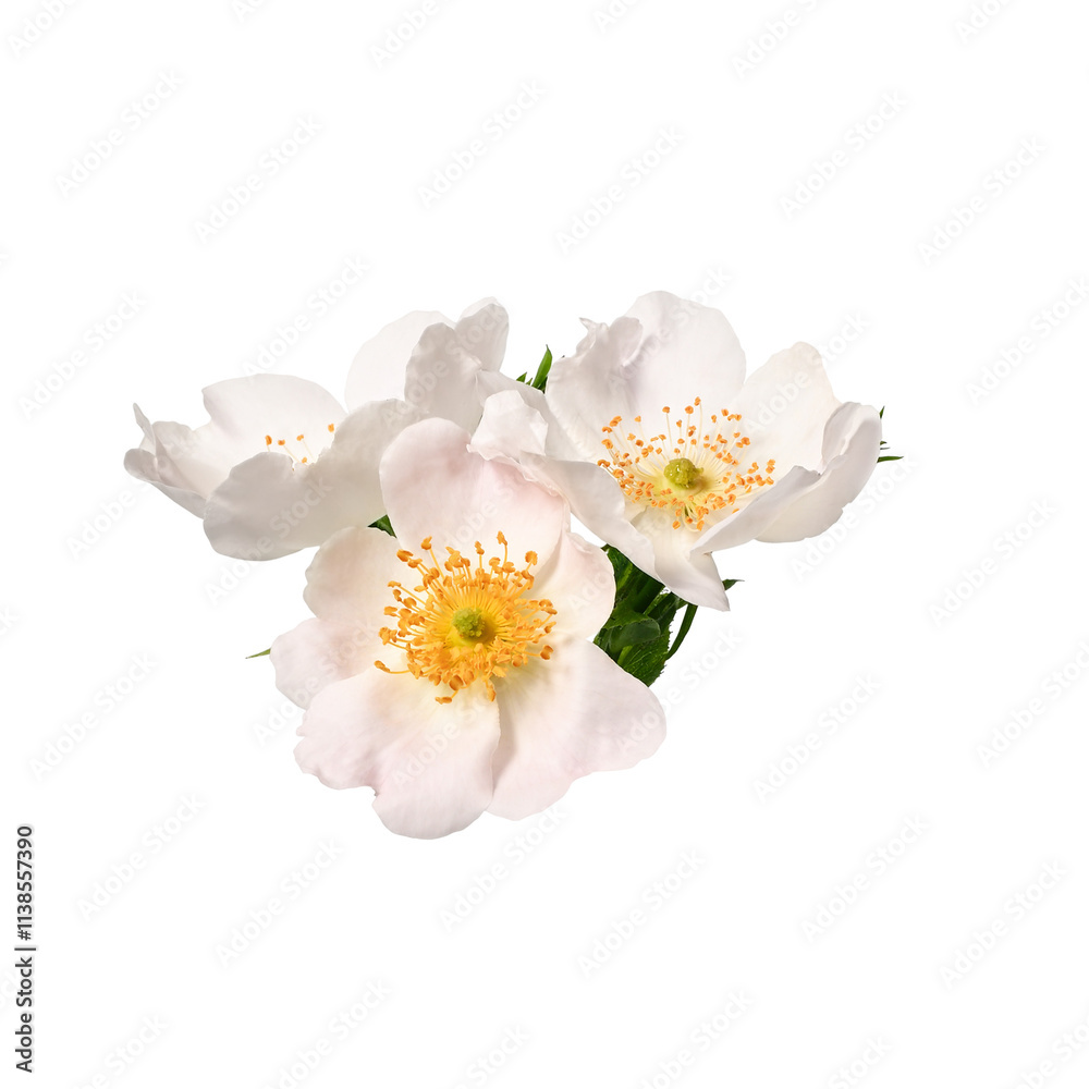 Pale pink Dog rose (Rosa canina)  flowers isolated on white background. Design element for creating wedding cards, invitations, floral arrangements, collages, frames, wreaths.
