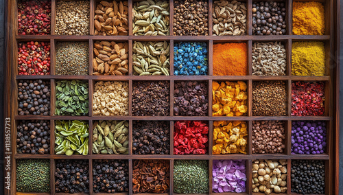 Wallpaper Mural Colorful Spices in Wooden Bowls Displayed on Shelves Inside a Box Torontodigital.ca