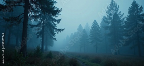 Darkened forest landscape with misty fog and towering trees, mystery, trees, mist