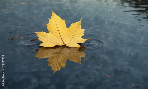 Pale yellow leaf floating on a serene lake's edge , pale, peaceful
