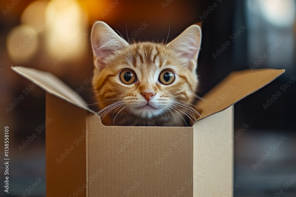 Fototapeta premium Curious cat exploring the cozy confines of a coffee card box on a tranquil afternoon