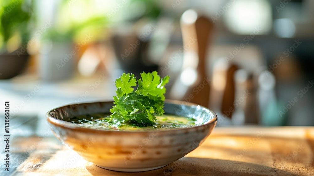 Close up of a dipping sauce garnished with a sprig of cilantro, with rustic kitchen tools in soft focus Close up of a dipping sauce garnished with a sprig of cilantro, with rustic kitchen tools in soft focus