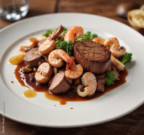 Pan-seared beef steak served with succulent shrimp and mushrooms in a rich demiglace sauce , meat, seafood photo