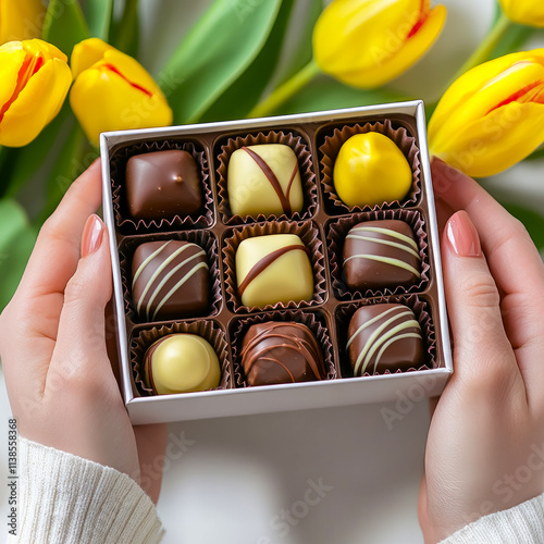 Delightful hands present a beautifully arranged spring box of chocolates against a backdrop of bright yellow tulips