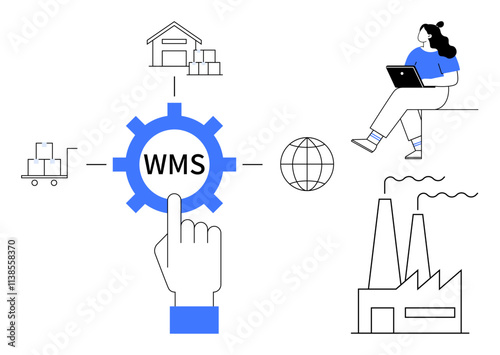 Hand pointing at WMS icon, connected to warehouse, factory, and export cart. Woman with laptop managing processes. Ideal for logistics, manufacturing, warehousing, supply chain, e-commerce, global