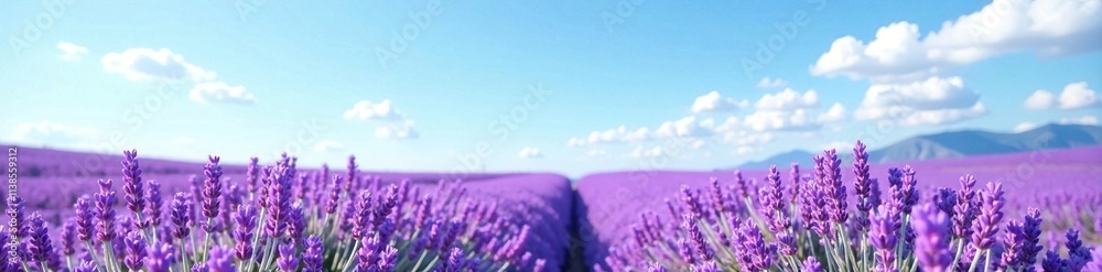 Delicate purple hue of lavender blooms against a bright blue sky, natural landscapes, field photography Delicate purple hue of lavender blooms against a bright blue sky, natural landscapes, field photography