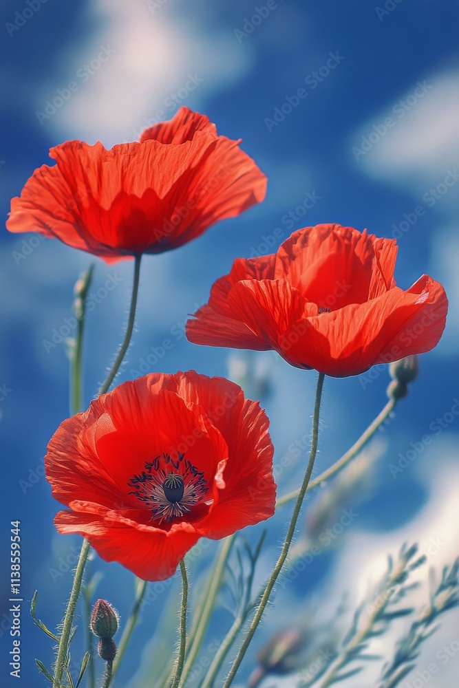 Obraz premium Bright red poppies bloom against a blue sky in a serene natural setting during springtime