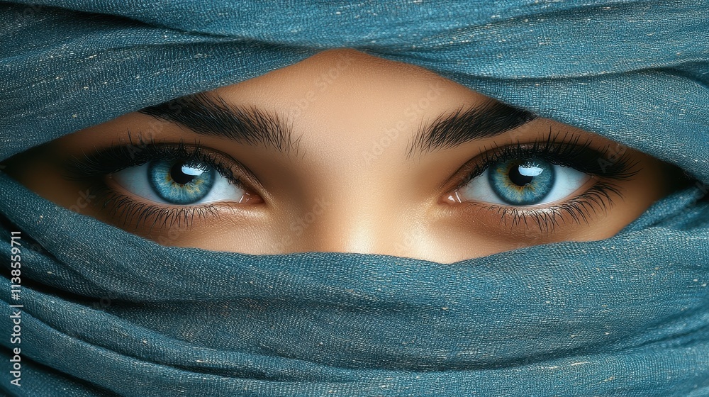 A woman with striking blue eyes gazes thoughtfully from behind a soft blue scarf. The atmosphere exudes calmness, capturing her expressive features beautifully A woman with striking blue eyes gazes thoughtfully from behind a soft blue scarf. The atmosphere exudes calmness, capturing her expressive features beautifully