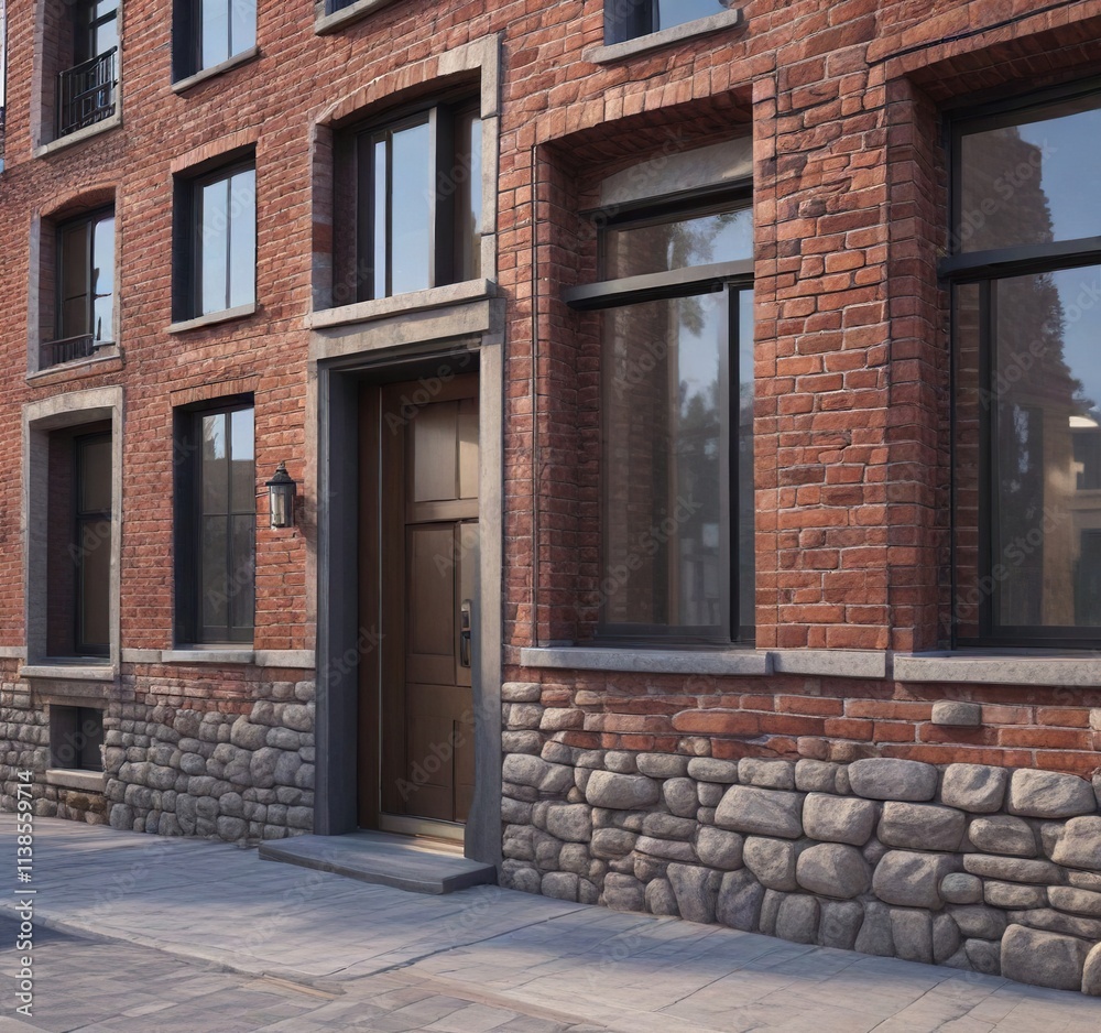 Residential building with brick and stone fa?ade, exterior, brick wall, earthy Residential building with brick and stone fa?ade, exterior, brick wall, earthy