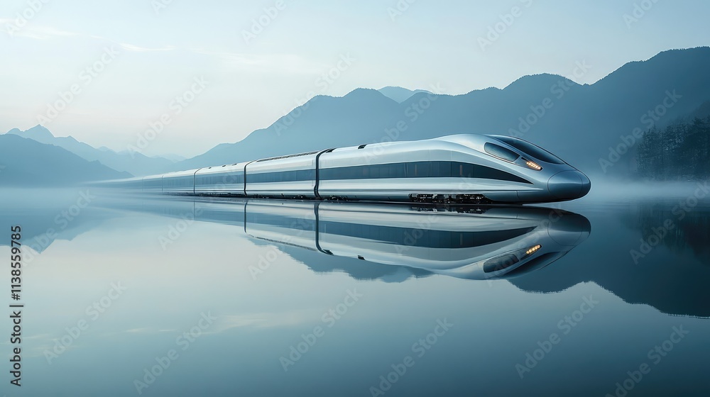Obraz premium A high-speed train passing through a glassy lake, with its sleek design perfectly reflected on the calm water surface