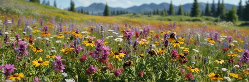 Obraz premium Bumble bees flying towards a patch of colorful wildflowers in a meadow, meadow, insects