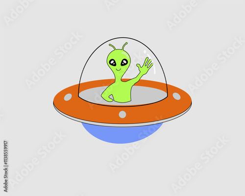 Illustration, A cute green cartoon alien waves cheerfully from inside a colorful UFO with a transparent dome. Suitable for sci-fi themes, children's content, animation, or educational materials.