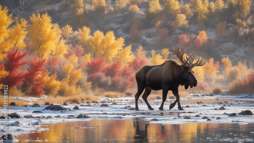 Bull shiras moose crossing the frozen Gros Ventre River on a crisp autumn morning, ice, moise, cold weather photo