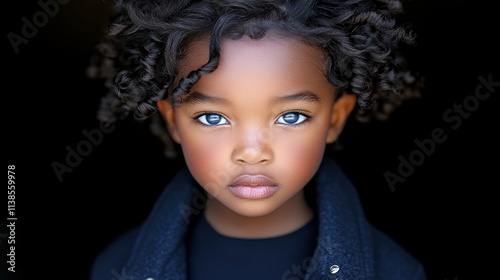 A young girl stands with a serious expression, her curly hair perfectly framing her face. Her vibrant blue eyes gaze directly at the viewer, creating a captivating presence