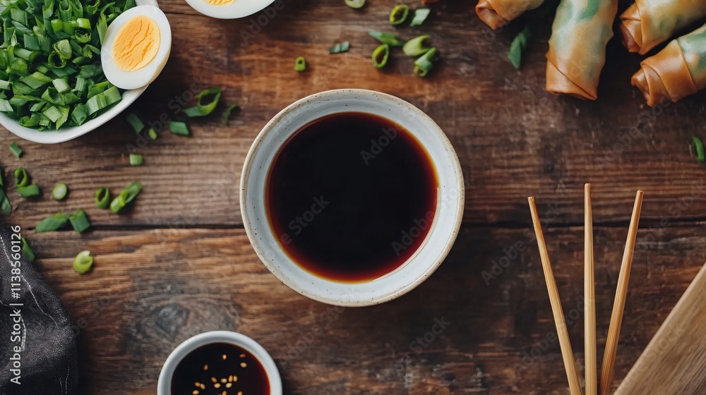 Overhead view of dipping sauce surrounded by egg rolls, soy sauce dishes, and rustic wooden chopsticks Overhead view of dipping sauce surrounded by egg rolls, soy sauce dishes, and rustic wooden chopsticks