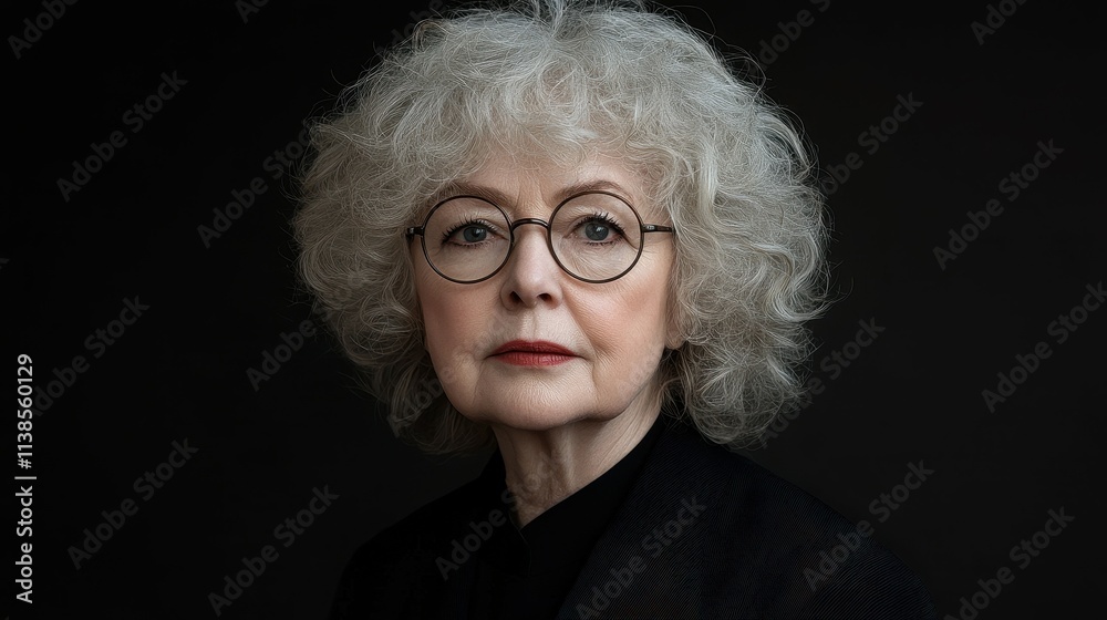 An older woman with thick, curly hair and round glasses presents a calm expression. She wears a black outfit, emphasizing her features against a dark background in a studio An older woman with thick, curly hair and round glasses presents a calm expression. She wears a black outfit, emphasizing her features against a dark background in a studio
