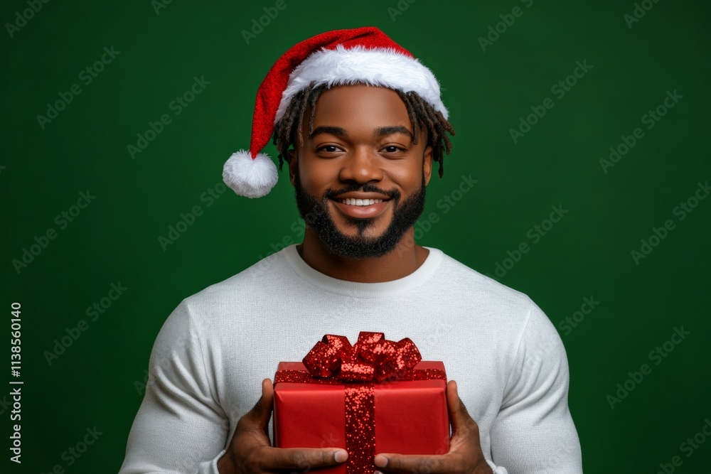 Copy space. Isolated white black young man in red holiday hat with present box in hands, on green background. Christmas kid decor. Professional gift box. Kid with gift. Green christmas pho. Copy space. Isolated white black young man in red holiday hat with present box in hands, on green background. Christmas kid decor. Professional gift box. Kid with gift. Green christmas pho.