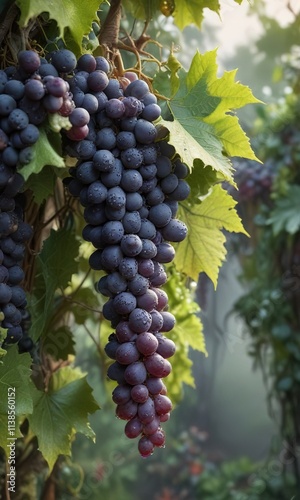 Wallpaper Mural Dense grape vines with dew drops hanging from leaves in the morning mist, lush, nature Torontodigital.ca