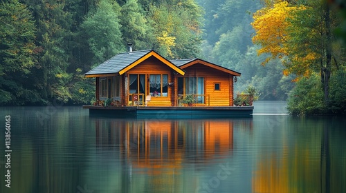 A floating house on a calm river with vibrant reflections.