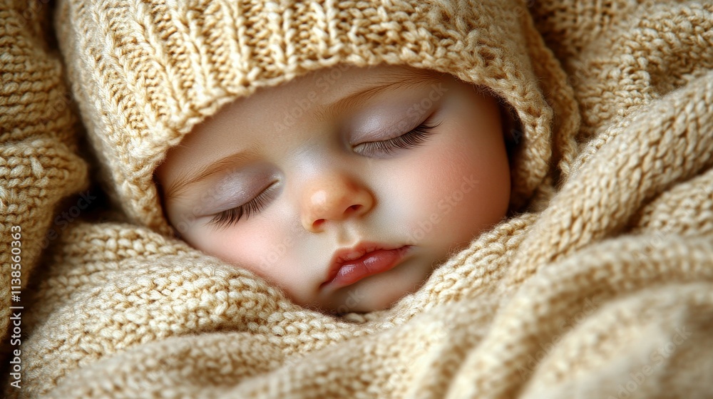 A small child peacefully sleeps, cocooned in soft knitted fabrics of warm colors. The serene atmosphere highlights the innocence and tranquility of the moment A small child peacefully sleeps, cocooned in soft knitted fabrics of warm colors. The serene atmosphere highlights the innocence and tranquility of the moment