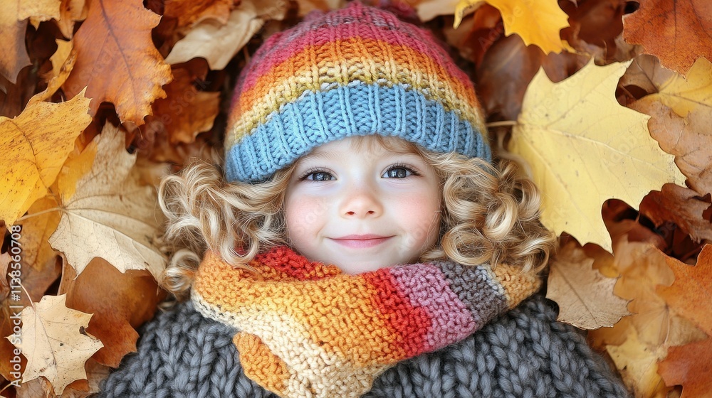 A young child lies on a bed of vibrant autumn leaves, smiling while wearing a colorful knit hat and scarf. The cozy outfit complements the warm fall tones around them A young child lies on a bed of vibrant autumn leaves, smiling while wearing a colorful knit hat and scarf. The cozy outfit complements the warm fall tones around them