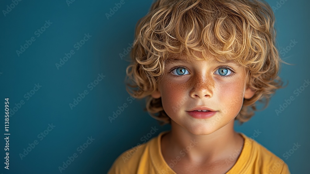 A boy with vibrant blue eyes and curly blonde hair gazes thoughtfully at the viewer. He stands against a solid blue backdrop, conveying innocence and curiosity A boy with vibrant blue eyes and curly blonde hair gazes thoughtfully at the viewer. He stands against a solid blue backdrop, conveying innocence and curiosity