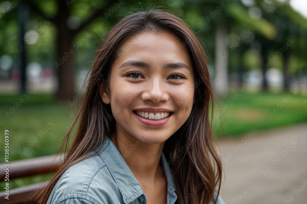Asian woman with long brown hair is smiling and sitting on a bench and looking at the camera, she is wearing a blue shirt and has her eyes closed Asian woman with long brown hair is smiling and sitting on a bench and looking at the camera, she is wearing a blue shirt and has her eyes closed