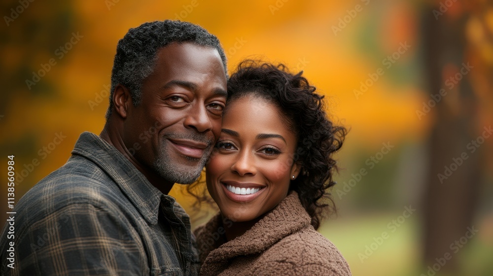 A joyful couple stands together in a park filled with vibrant autumn leaves. They share a close embrace, radiating love and happiness amidst the seasonal beauty A joyful couple stands together in a park filled with vibrant autumn leaves. They share a close embrace, radiating love and happiness amidst the seasonal beauty
