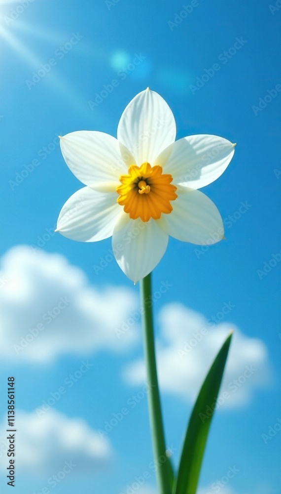 Single white narcissus against a bright blue sky, sky, white, blue Single white narcissus against a bright blue sky, sky, white, blue