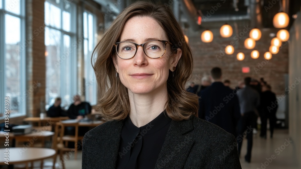 A woman with glasses and shoulder-length hair looks confidently at the camera in a stylish office setting. The relaxed atmosphere features warm lighting and people engaged in conversation