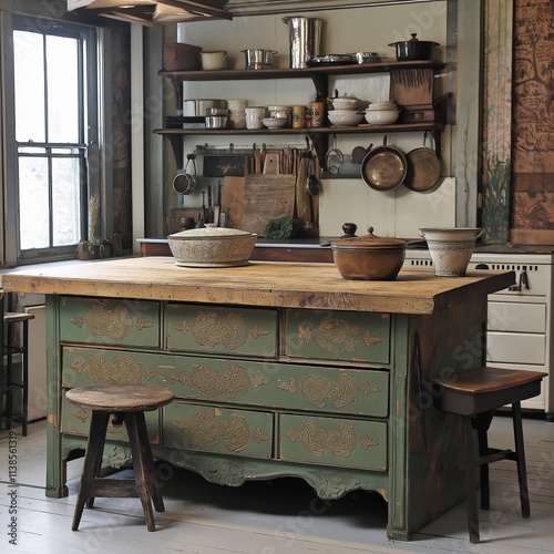 A rustic kitchen filled with vintage items and cozy atmosphere. photo