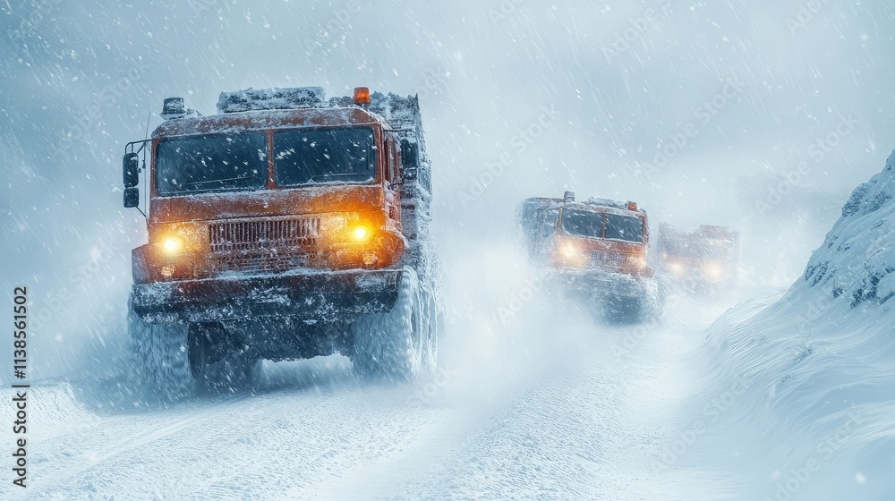 Vehicles navigating through heavy snowfall on a snow-covered road Vehicles navigating through heavy snowfall on a snow-covered road