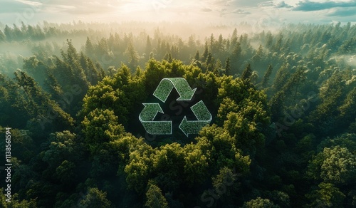 Green forest with recycling symbol formed by foliage showcasing natures harmony photo