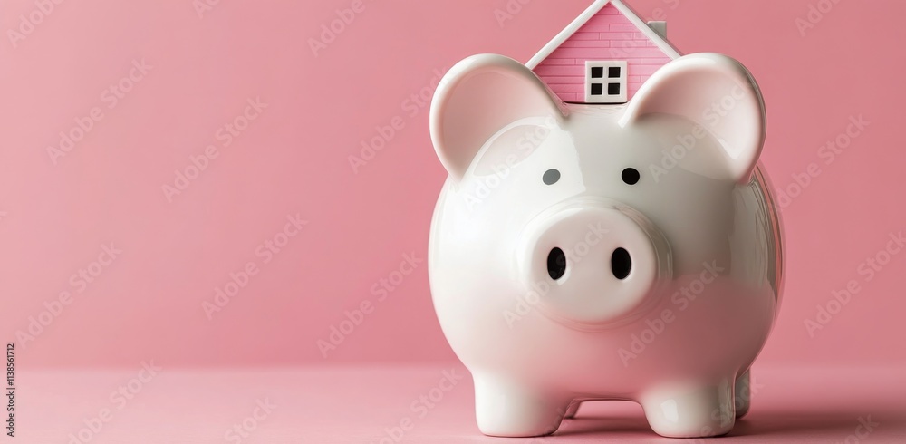 Piggy bank designed as a house on a pink background for saving money or investing in property Piggy bank designed as a house on a pink background for saving money or investing in property