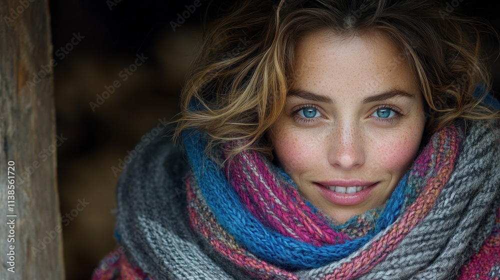 A woman stands in a rustic cabin, her bright blue eyes sparkling as she smiles. She is warmly wrapped in a colorful knitted scarf, capturing the essence of winter comfort and joy A woman stands in a rustic cabin, her bright blue eyes sparkling as she smiles. She is warmly wrapped in a colorful knitted scarf, capturing the essence of winter comfort and joy