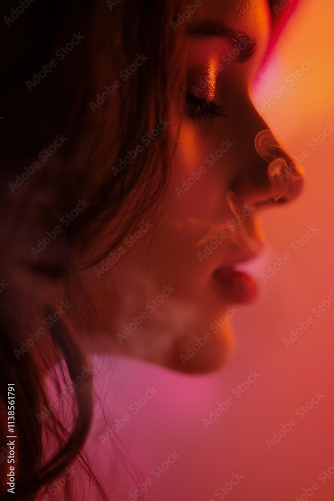 A woman's profile enveloped in ethereal smoke with soft tones. A woman's profile enveloped in ethereal smoke with soft tones.