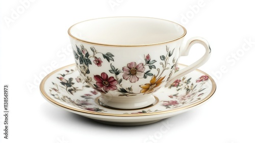 Vintage porcelain teacup with a floral pattern displayed on a delicate saucer