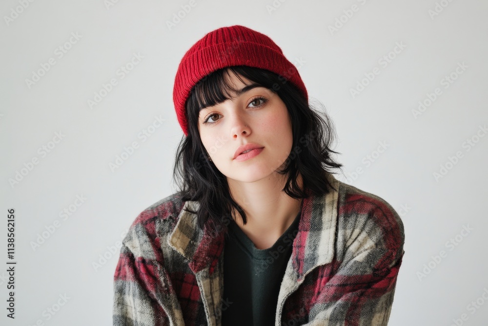 Casual Portrait of a Young Woman in a Red Beanie and Flannel Shirt Casual Portrait of a Young Woman in a Red Beanie and Flannel Shirt