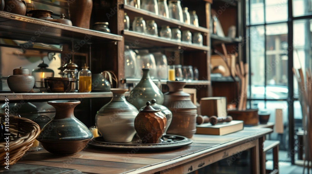 Fototapeta premium Rustic shelves displaying pottery and ceramics in a workshop