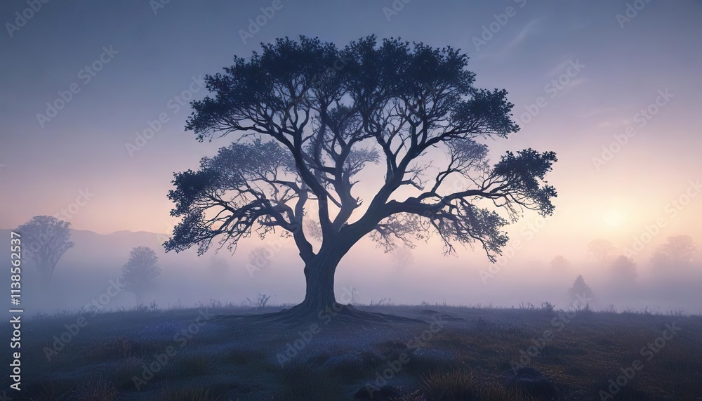 Softly glowing blue mist surrounds a lone tree on a misty morning, leaves, nature Softly glowing blue mist surrounds a lone tree on a misty morning, leaves, nature