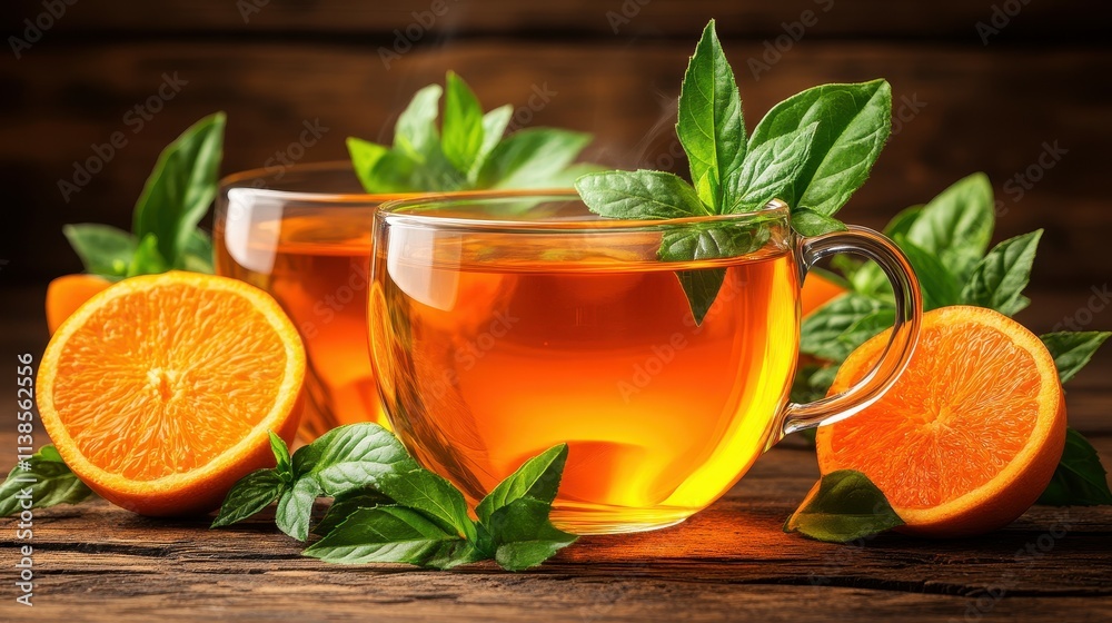 Two clear cups filled with amber herbal tea are placed on a rustic wooden table, surrounded by fresh mint leaves and juicy orange slices, inviting a warm and refreshing experience Two clear cups filled with amber herbal tea are placed on a rustic wooden table, surrounded by fresh mint leaves and juicy orange slices, inviting a warm and refreshing experience