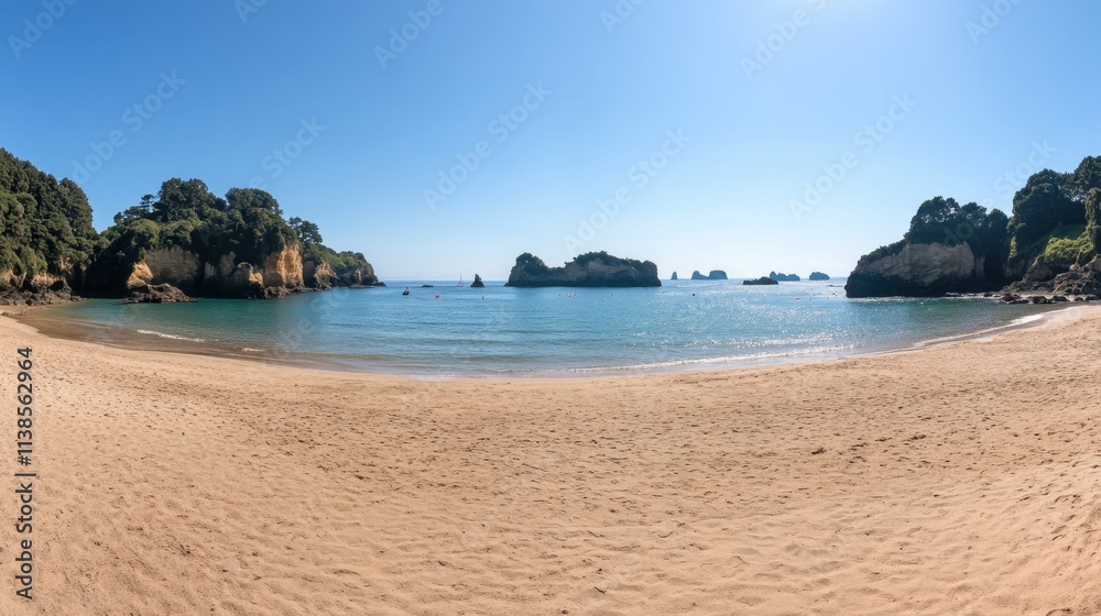 Obraz premium Serene Beach Landscape with Clear Water and Lush Green Cliffs in Sunshine