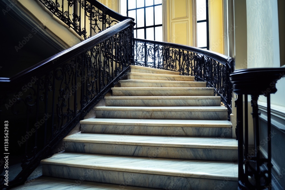 Obraz premium Elegant Marble Staircase Featuring Black Wrought Iron Railings in Bright American Interior