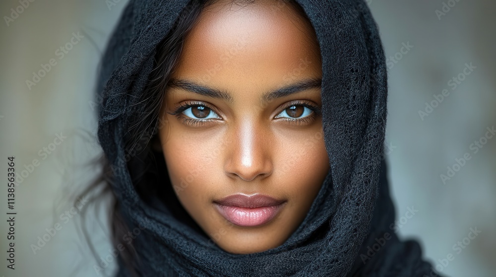 A young woman with striking features poses with a black scarf draped over her head, highlighting her natural beauty and expression. Soft lighting accentuates her captivating eyes A young woman with striking features poses with a black scarf draped over her head, highlighting her natural beauty and expression. Soft lighting accentuates her captivating eyes