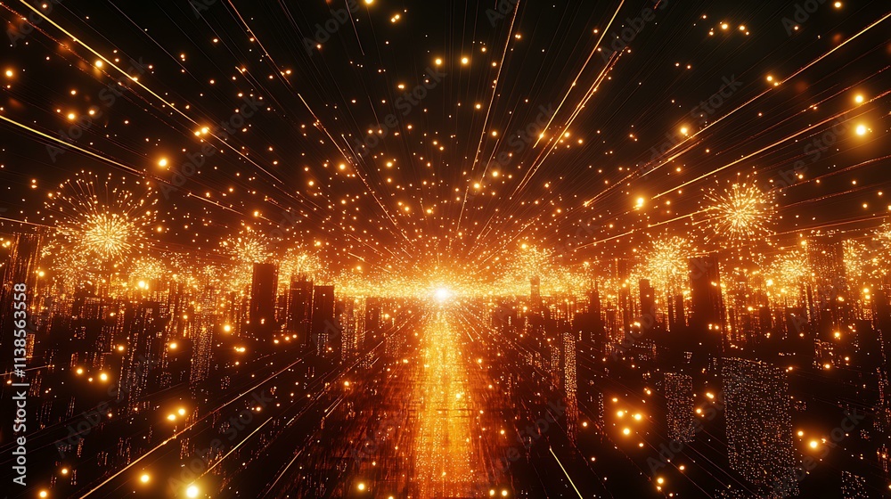 Fototapeta premium Neon Happy New Year 2025 text illuminated against a backdrop of radiant golden fireworks and a cityscape in the distance