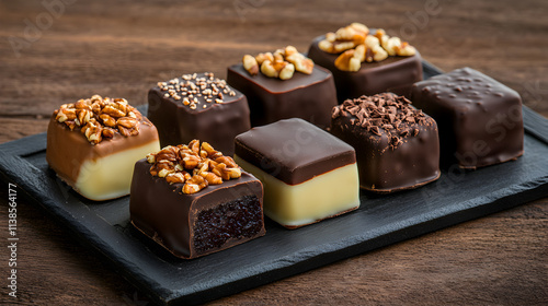 A variety of decadent chocolate treats displayed on a slate platter, featuring different toppings like nuts and sprinkles. photo