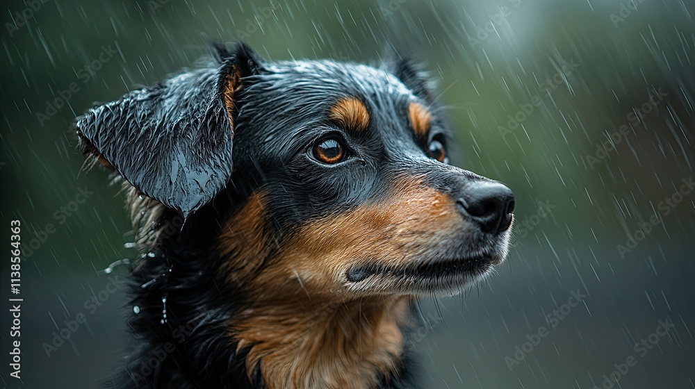 A dejected dog sobbing in the rain after its owner has left it. No food for the household pet A dejected dog sobbing in the rain after its owner has left it. No food for the household pet