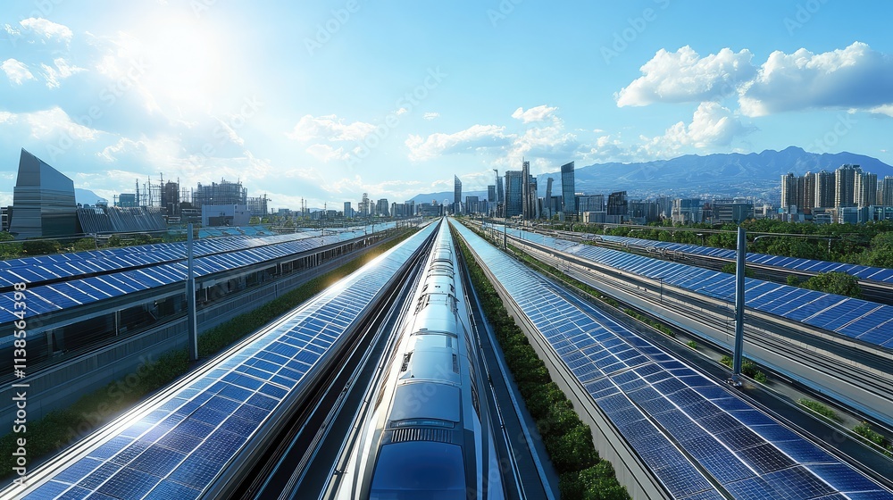Fototapeta premium A high-speed train powered by solar power, moving through an urban area with solar panels lining rooftops and a clean, energy-efficient transportation network