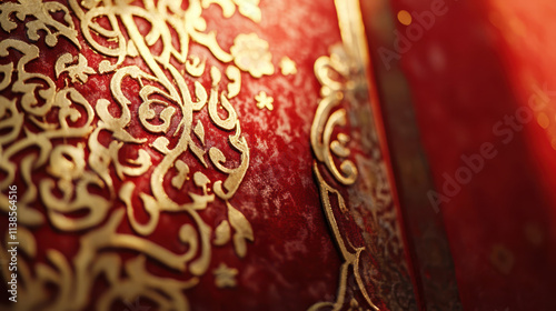 Intricate Gold Filigree on Rich Red SurfaceA Detailed Close Up photo