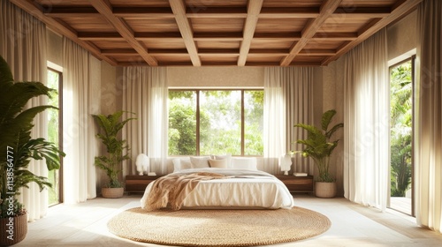Sunlit bedroom with coffered ceiling, large windows, and plants.
